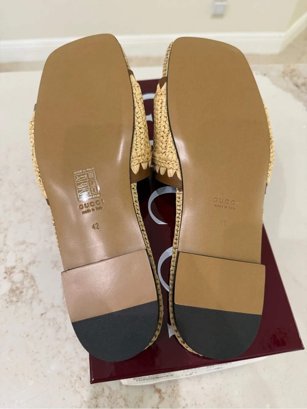 Gucci Brown and Natural Raffia Slide Sandals with Gold Double G